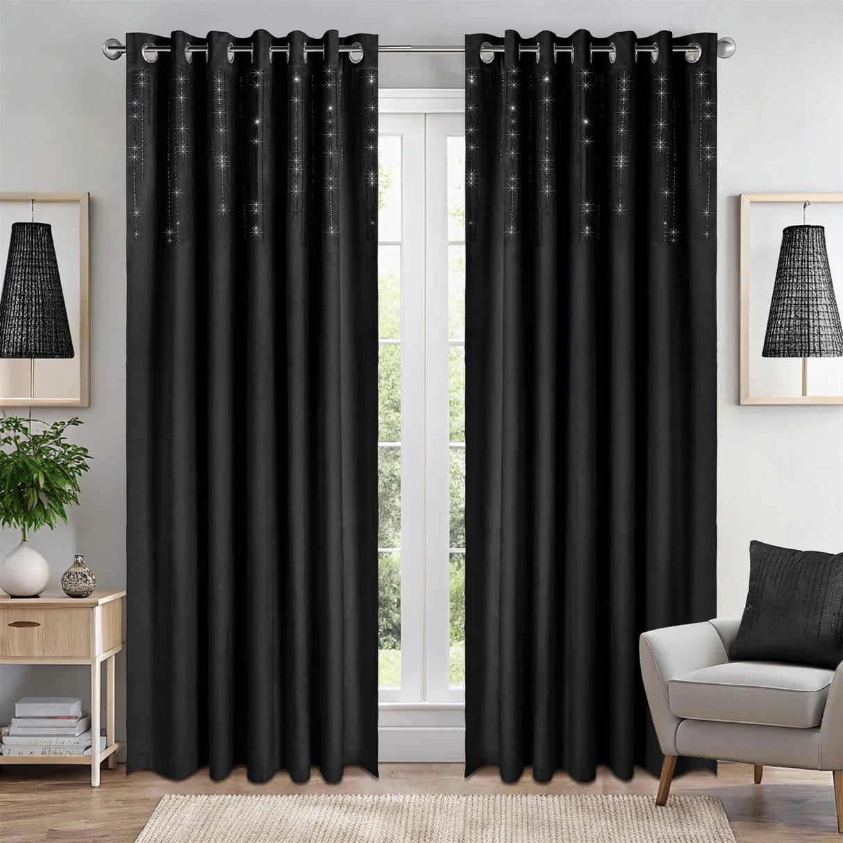 Alan Symonds Diamondo Velvet Blackout Eyelet Ring Top Curtains in Black