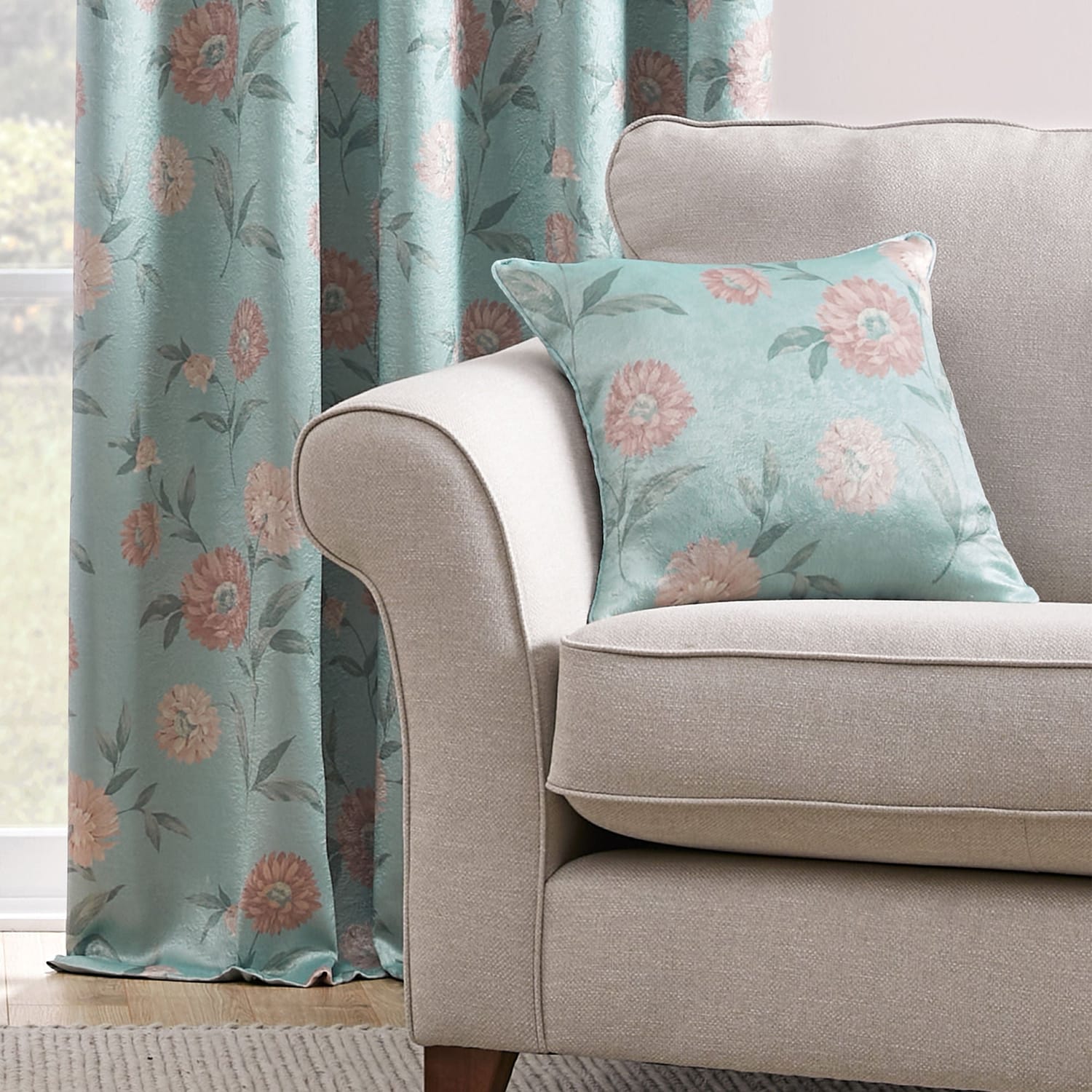 Dahlia Floral Cushion Cover 43cm x 43cm (17" x 17") - Duck Egg