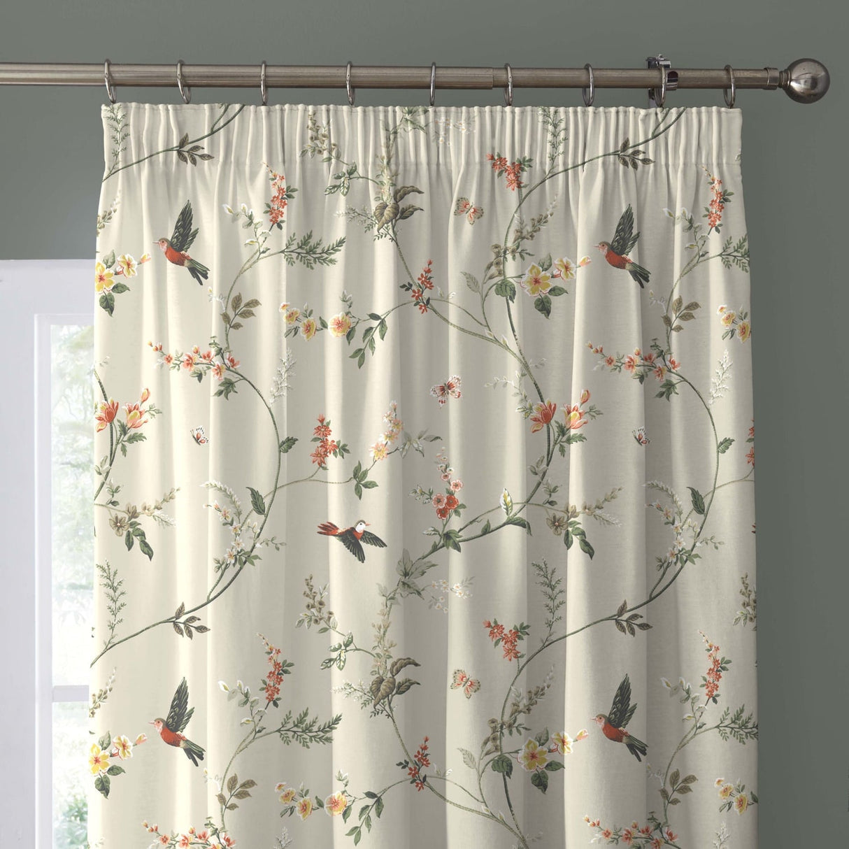 Darnley Floral Bird 100% Cotton Pencil Pleat Curtains Coral Light Filtering - Darnley Pencil Pleat Curtains In Coral Natural 2
