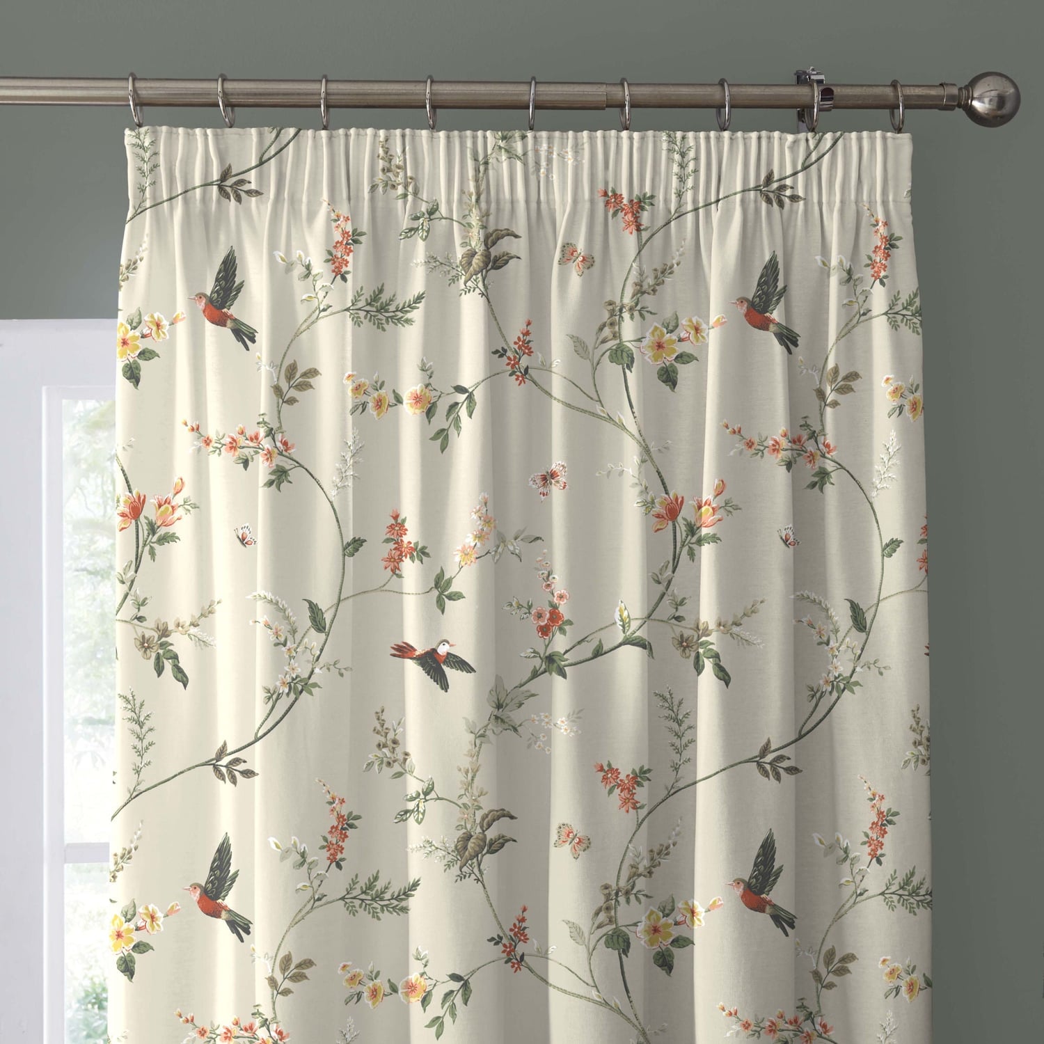 Darnley Floral Bird 100% Cotton Pencil Pleat Curtains Coral Light Filtering - Darnley Pencil Pleat Curtains In Coral Natural 2