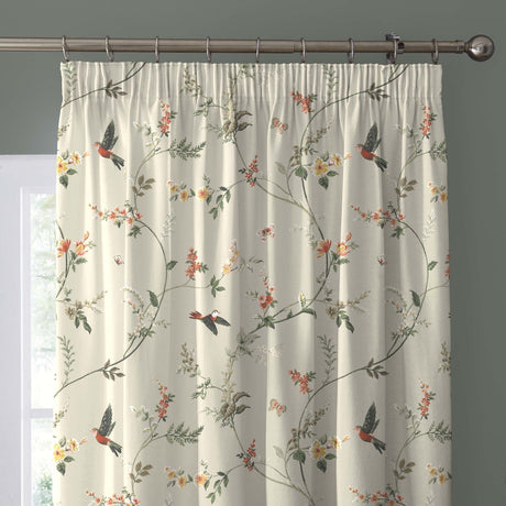 Darnley Floral Bird 100% Cotton Pencil Pleat Curtains Coral Light Filtering - Darnley Pencil Pleat Curtains In Coral Natural 2