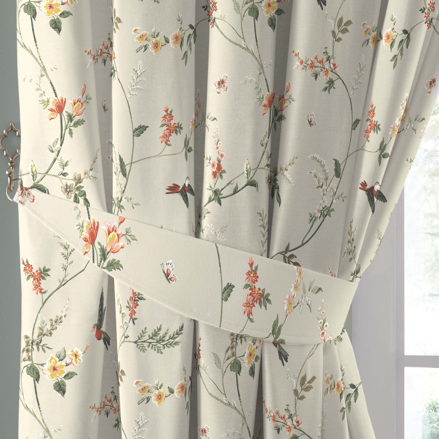 Darnley Floral Bird 100% Cotton Pencil Pleat Curtains Coral Light Filtering - Darnley Pencil Pleat Curtains In Coral Natural 3