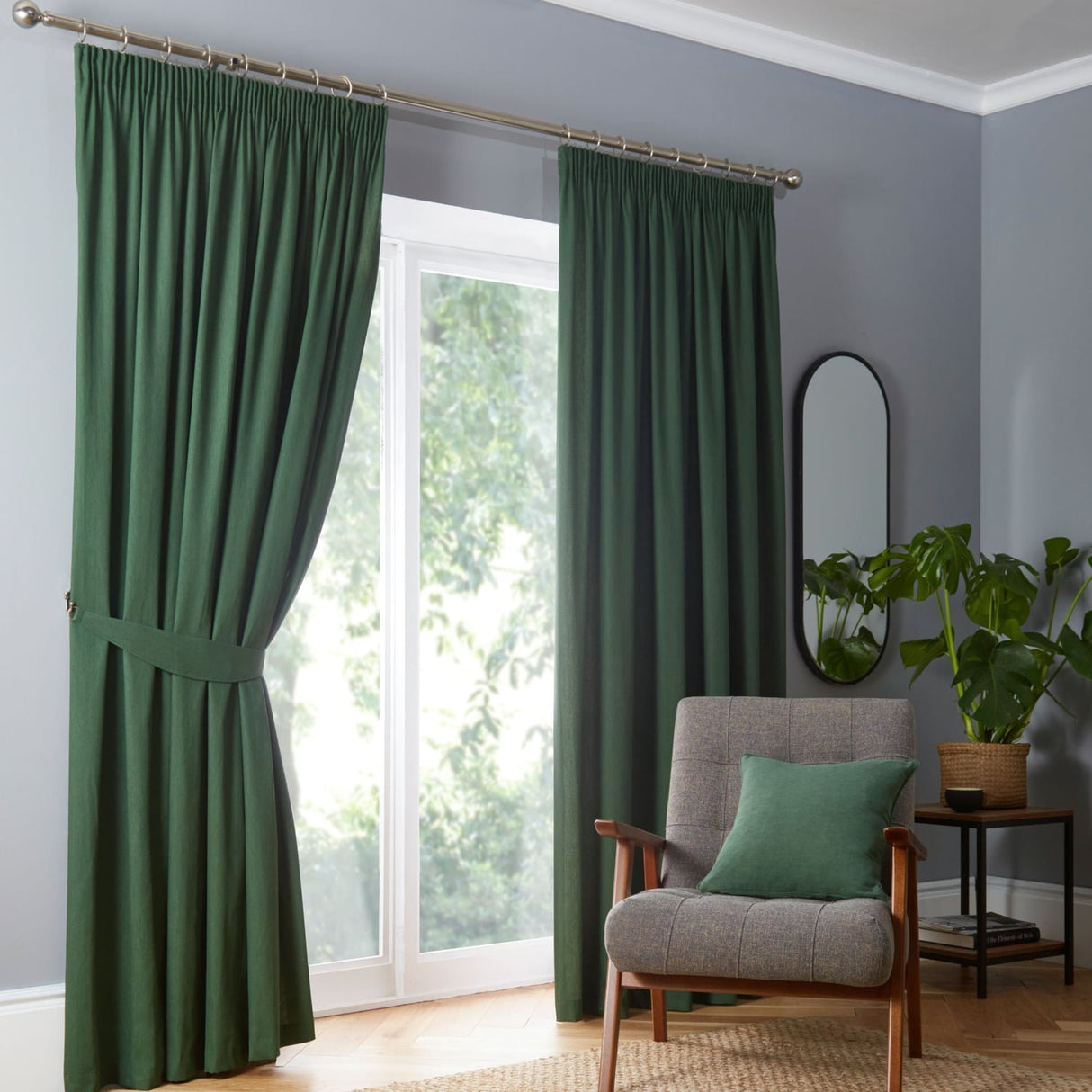 Dijon Blackout Thermal Pencil Pleat Curtains - Bottle Green Light Filtering Polycotton