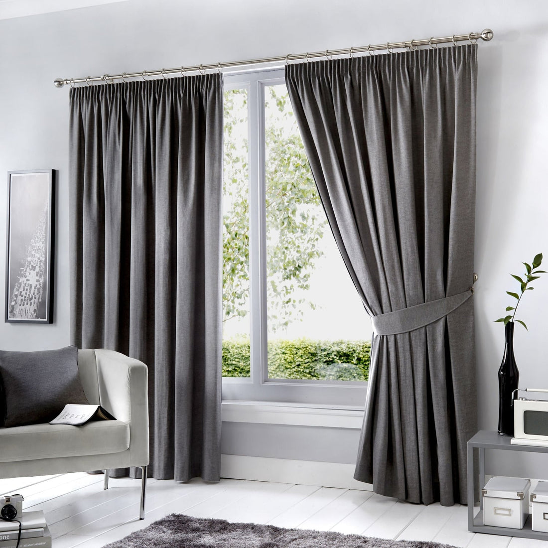 Dijon Charcoal Thermal Blackout Pencil Pleat Curtains