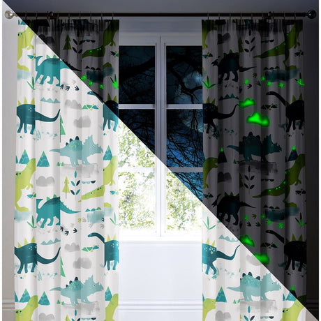 Dino Kids Dinosaur Print Tape Top Curtains Light Filtering Polycotton - Dino Pencil Pleat Curtains In Multicolour 3