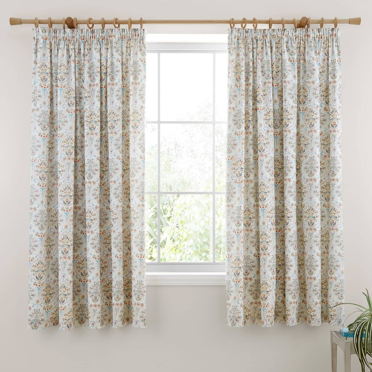 Edena Floral Pencil Pleat Curtains Natural 66 x 72 Inch Light Filtering Polycotton