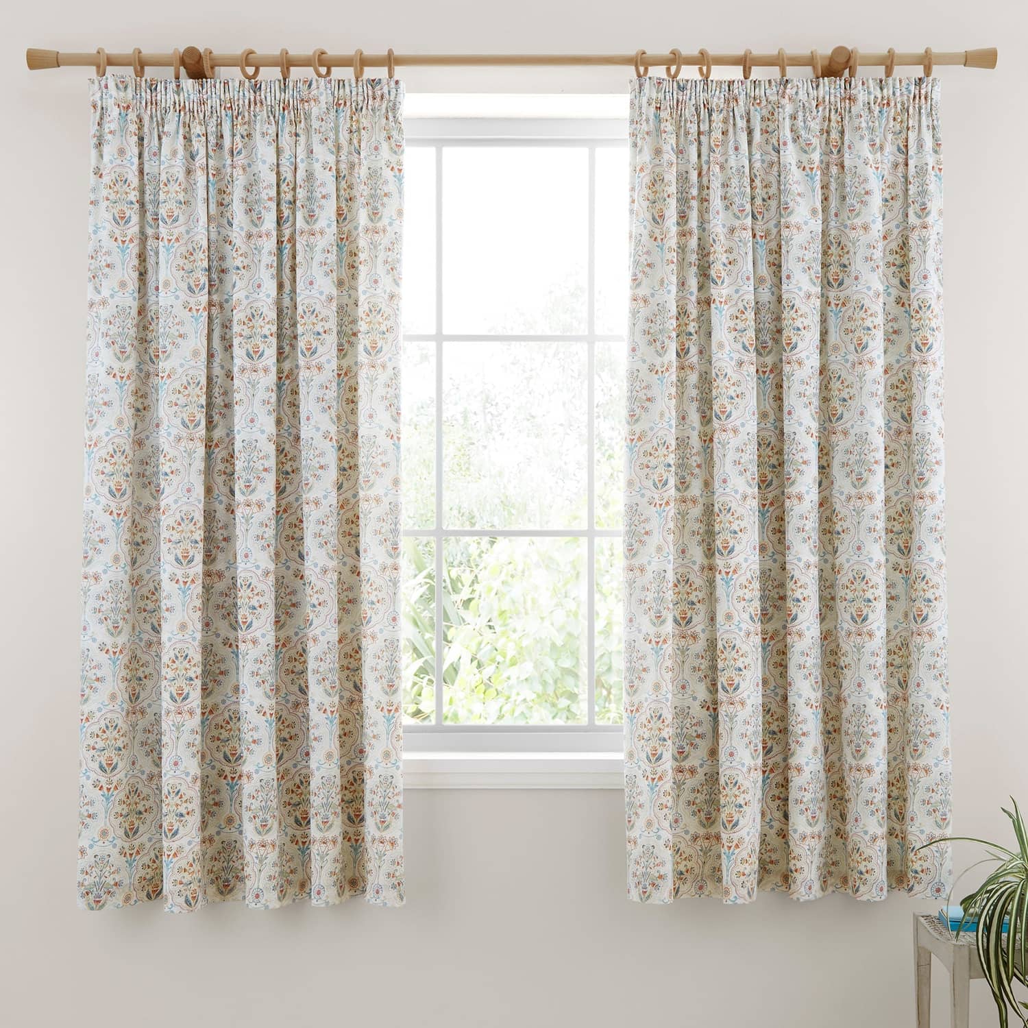 Edena Floral Pencil Pleat Curtains Natural 66 x 72 Inch Light Filtering Polycotton