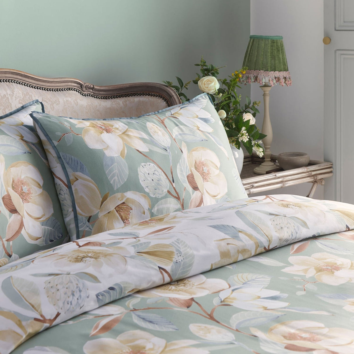 Eleanor Floral Cotton Sateen Duvet Cover Set - Eleanor Duvet Cover Set In Green 2