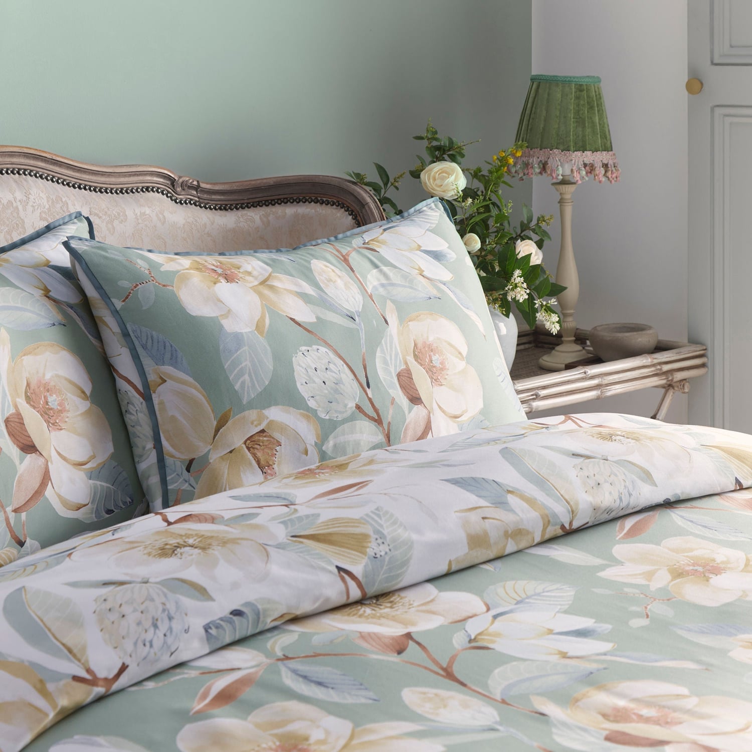 Eleanor Floral Cotton Sateen Duvet Cover Set - Eleanor Duvet Cover Set In Green 2
