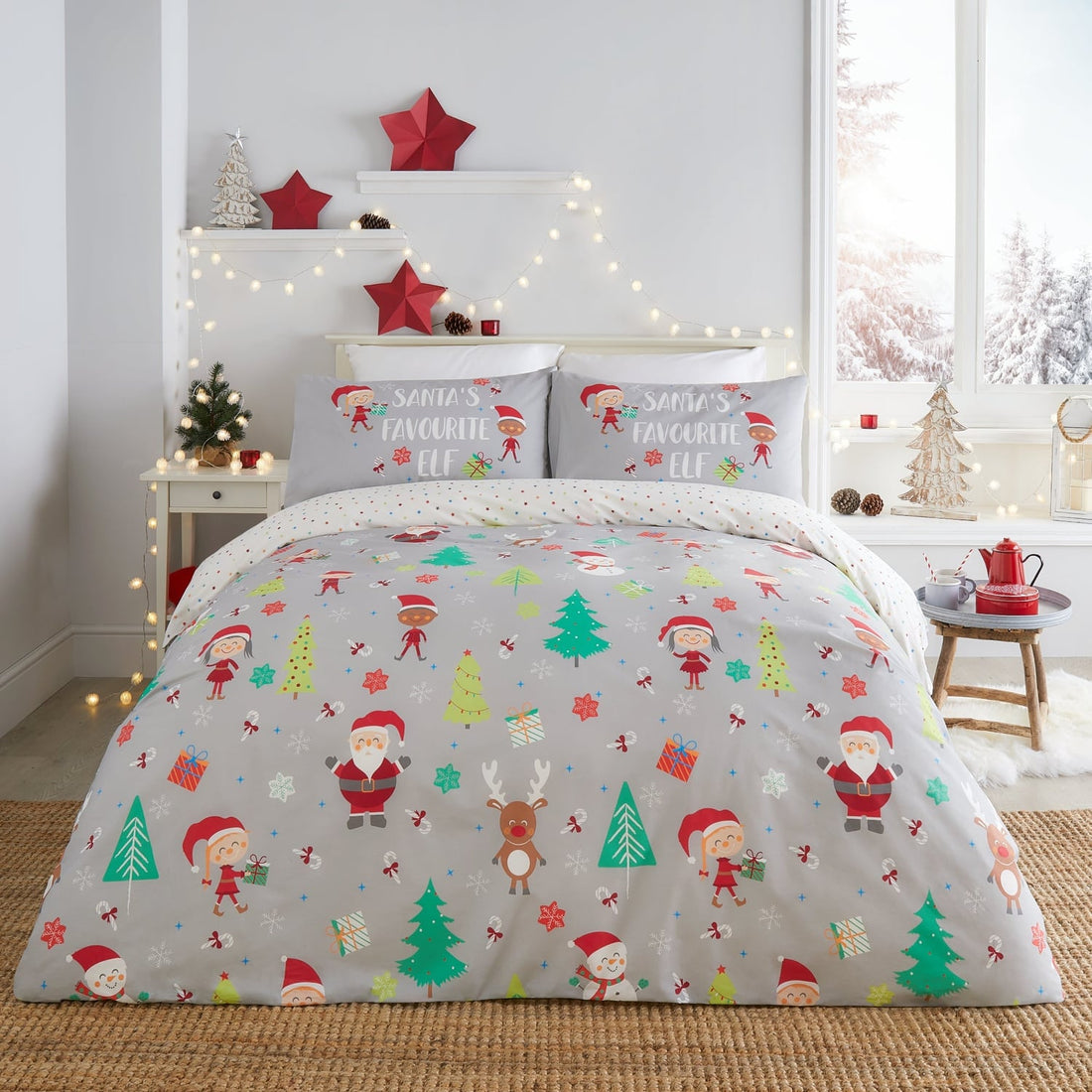 Elf & Santa Christmas Grey Duvet Cover Bedding Set