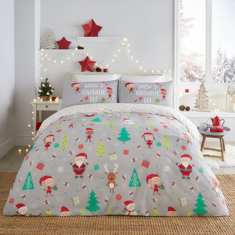 Elf & Santa Christmas Polycotton Duvet Cover Set - Grey