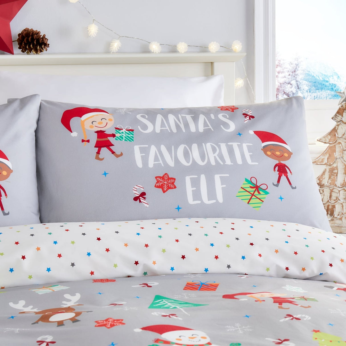 Elf & Santa Christmas Polycotton Duvet Cover Set - Grey - Elf & Santa Christmas Duvet Cover Set In Grey 2