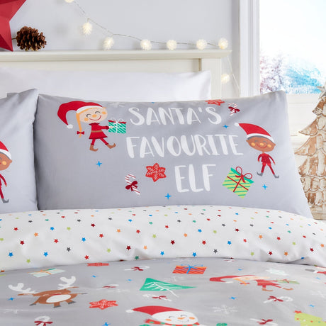 Elf & Santa Christmas Polycotton Duvet Cover Set - Grey - Elf & Santa Christmas Duvet Cover Set In Grey 2