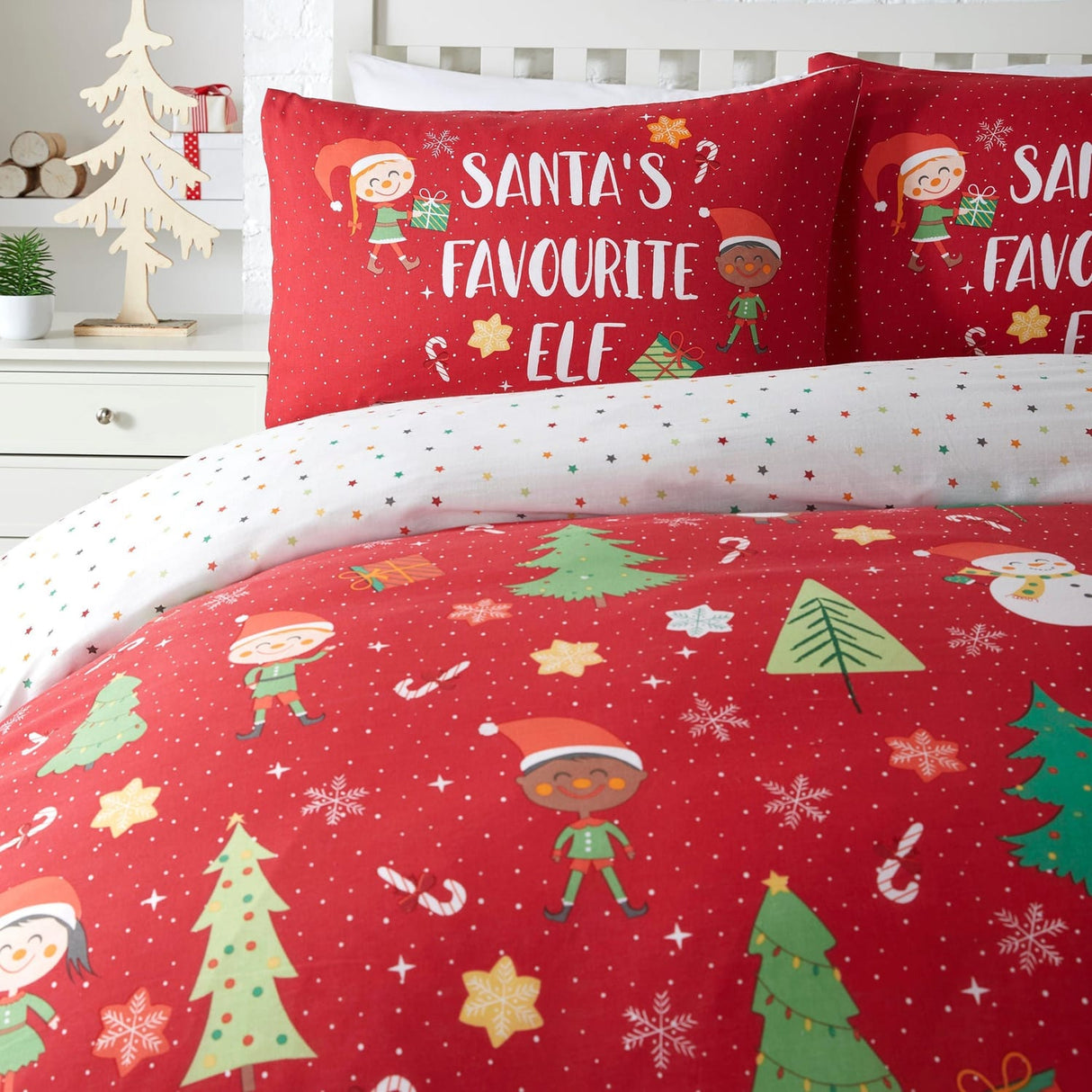 Elf & Santa Christmas Polycotton Duvet Cover Set - Red - Elf & Santa Christmas Duvet Cover Set In Multicolour 3