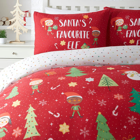 Elf & Santa Christmas Polycotton Duvet Cover Set - Red - Elf & Santa Christmas Duvet Cover Set In Multicolour 3