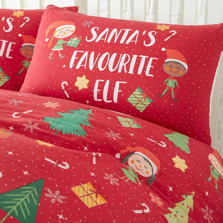 Elf & Santa Christmas Polycotton Duvet Cover Set - Red - Elf & Santa Christmas Duvet Cover Set In Multicolour 5