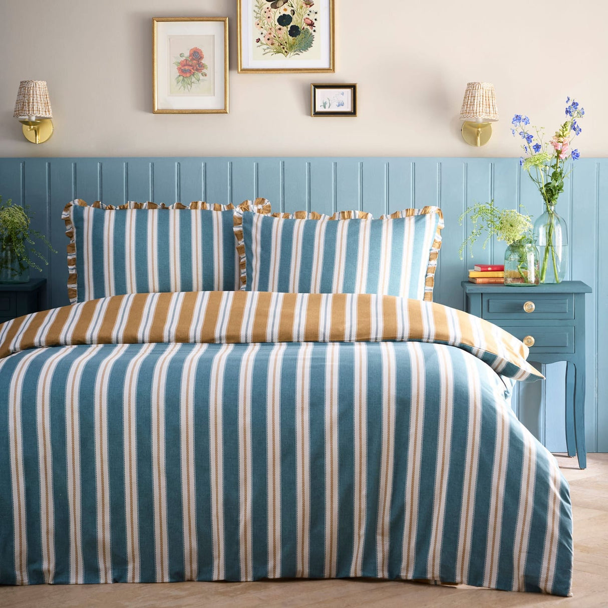 Eloise Stripe Cotton Duvet Cover Set - Teal