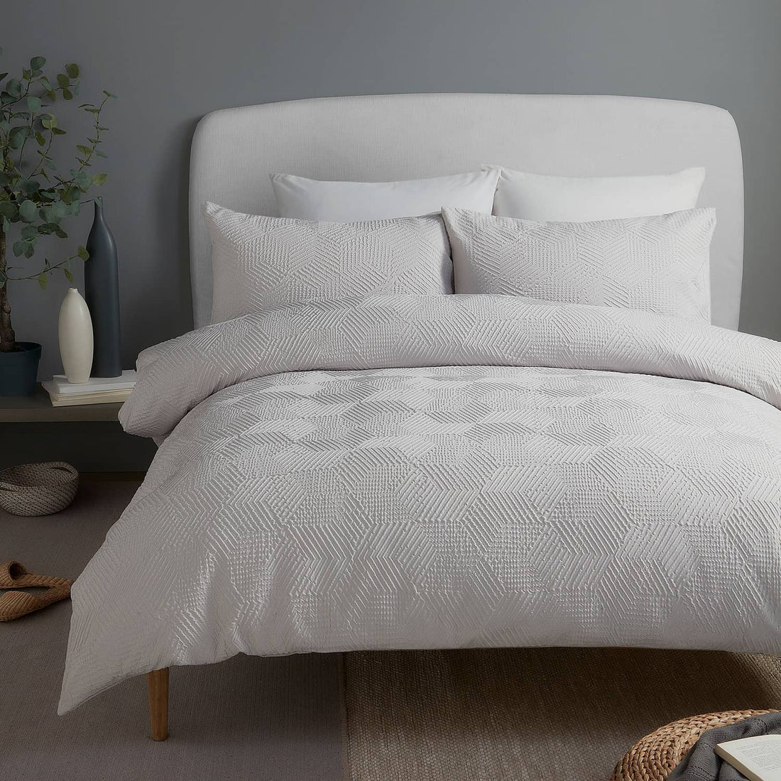 Embossed Geo Microfibre Duvet Cover Set - Grey