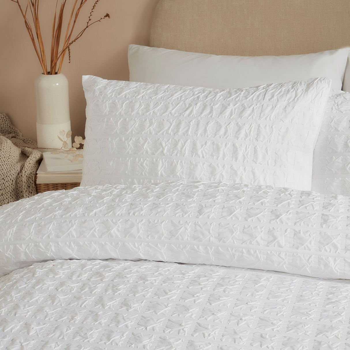 Embossed Grid Microfibre Duvet Cover Set - White - Embossed Grid Duvet Cover Set In White 2