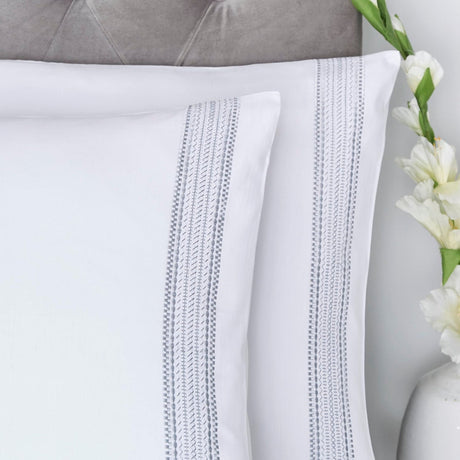 Embroidered Band 100% Cotton Silver Duvet Cover Set - Embroidered Bands Duvet Cover Set In White 2