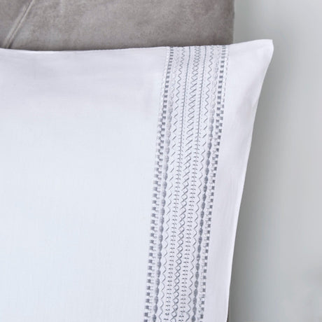 Embroidered Band 100% Cotton Silver Duvet Cover Set - Embroidered Bands Duvet Cover Set In White 3