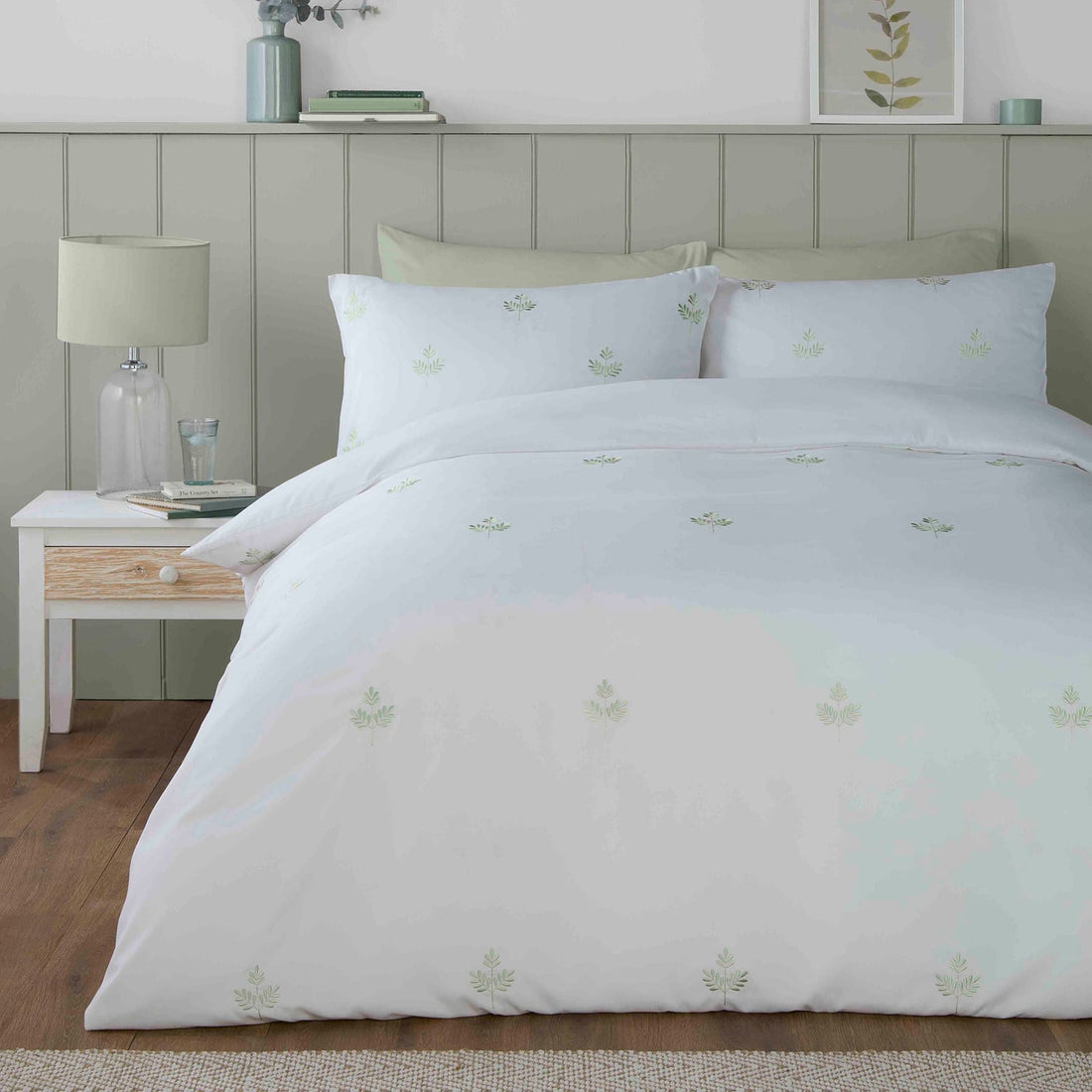 Emily Leaf Embroidery Green Duvet Cover Bedding Set