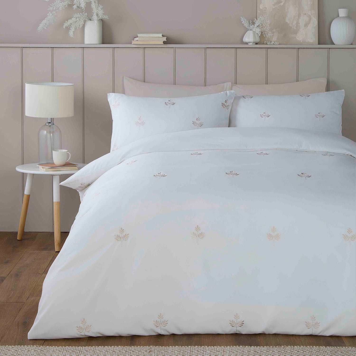 Emily Green Leaf Embroidery Duvet Cover Set - Natural