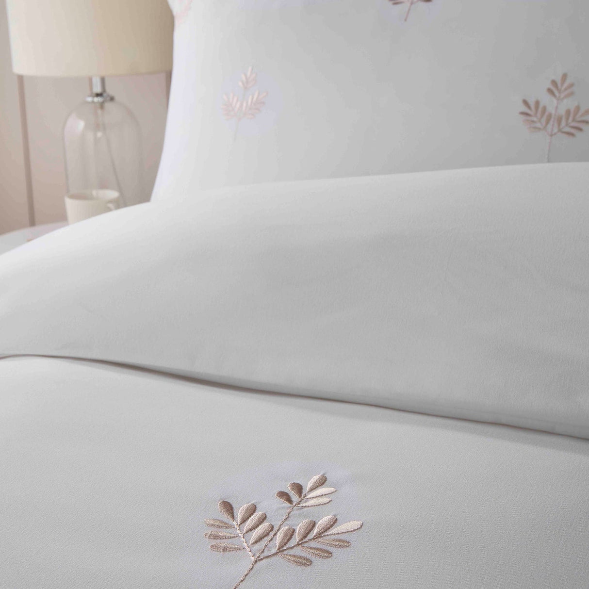 Emily Green Leaf Embroidery Duvet Cover Set - Natural - Emily Embroidery Duvet Cover Set In Natural 2