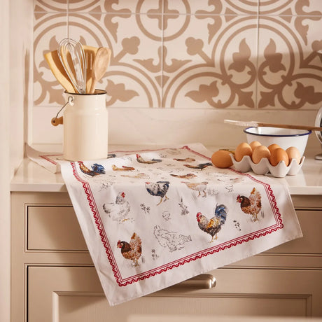 Farm Birds Cotton Tea Towel in Red