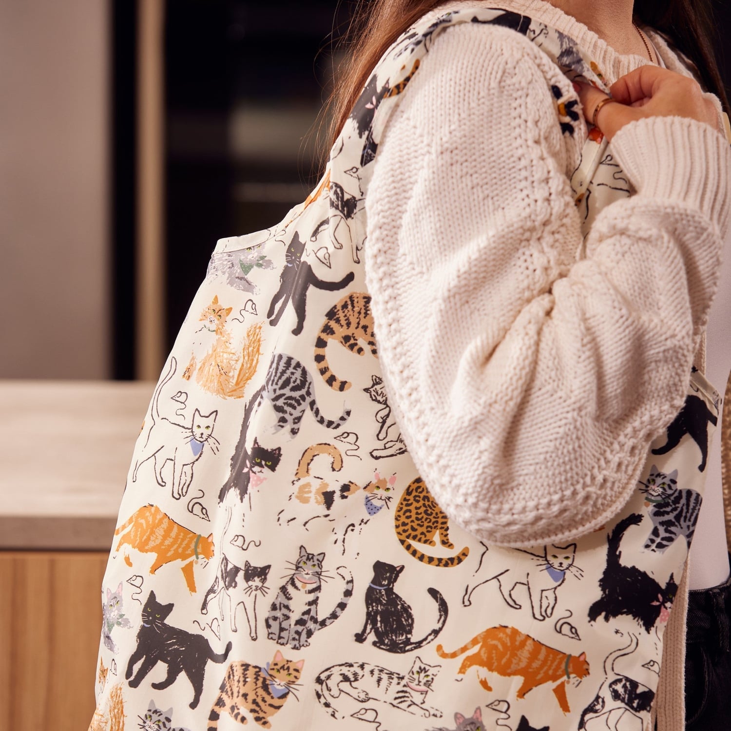 Ulster Weavers Feline Friends Cat Print Packable Shopping Bag - Feline Friends Foldable Tote Bag Medium In Grey 3