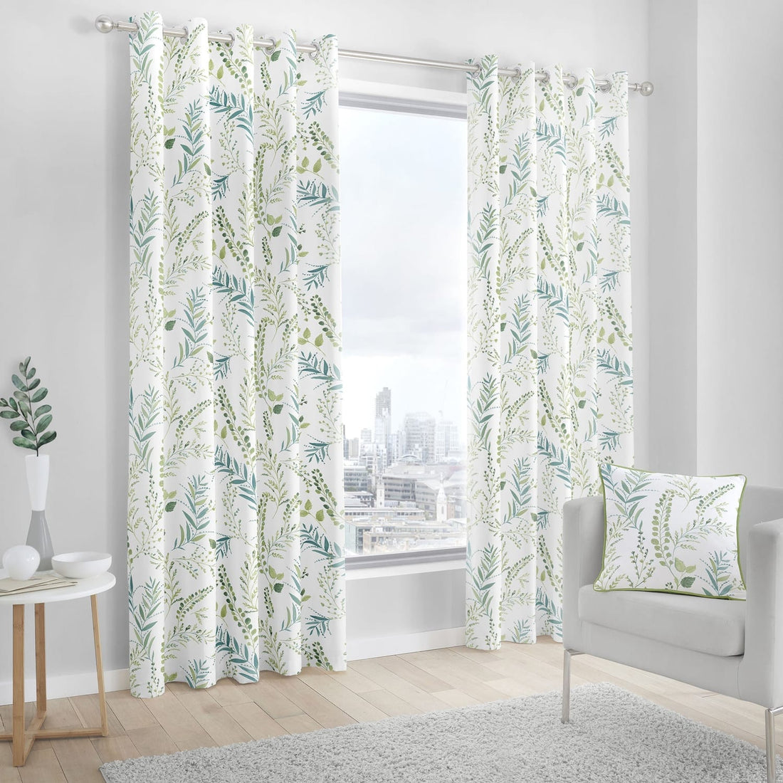 Fernworthy Green Leaf Print 100% Cotton Eyelet Curtains