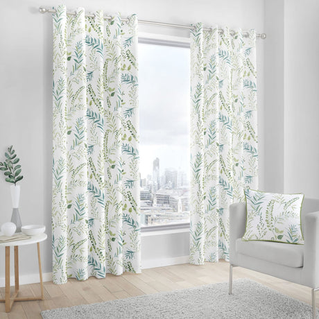 Fernworthy Green Leaf Print Eyelet Curtains Light Filtering Printed