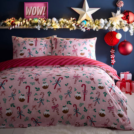 Festive Fancy Christmas Polycotton Duvet Cover Set - Pink
