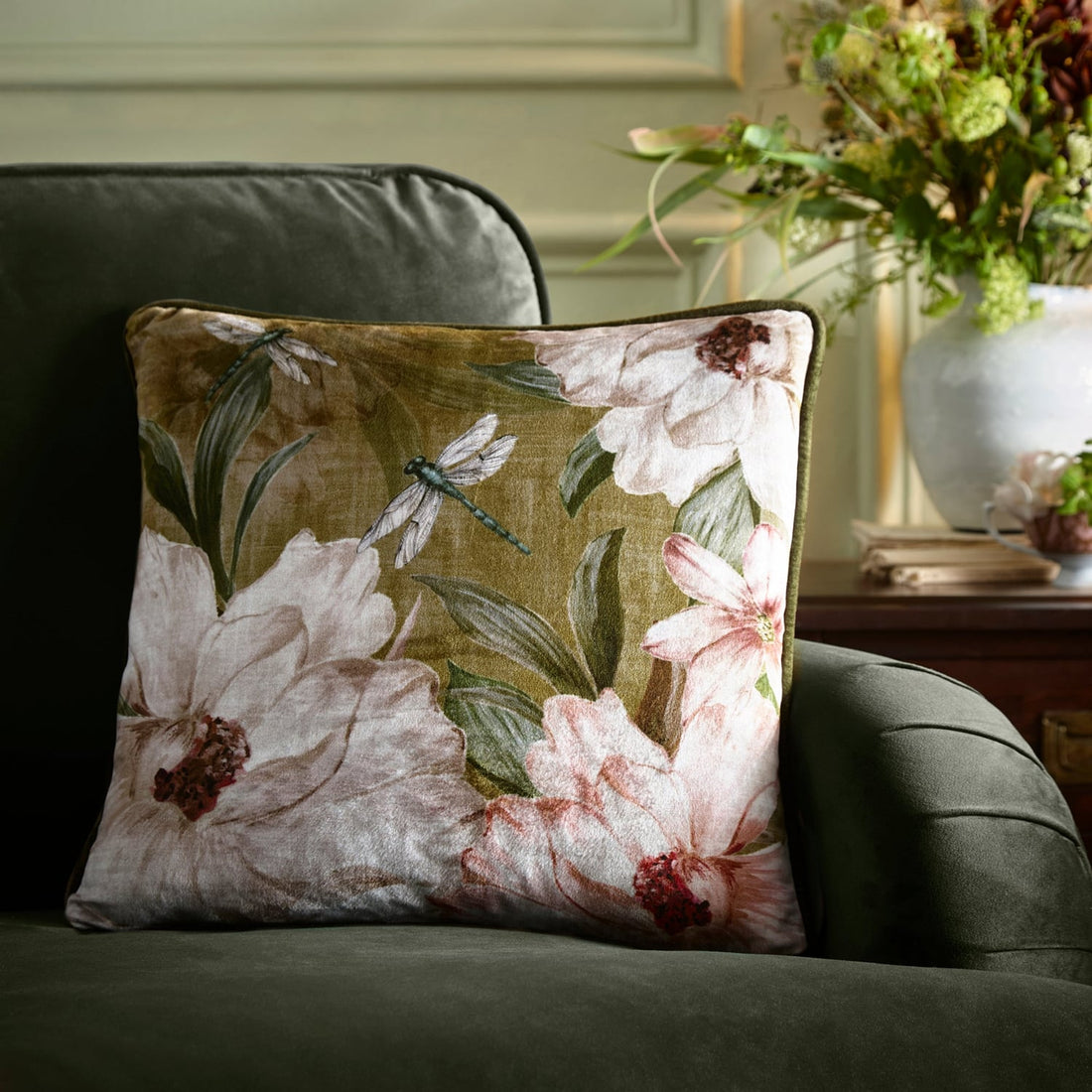 Fiorella Floral Velvet Olive Filled Cushion 43cm x 43cm
