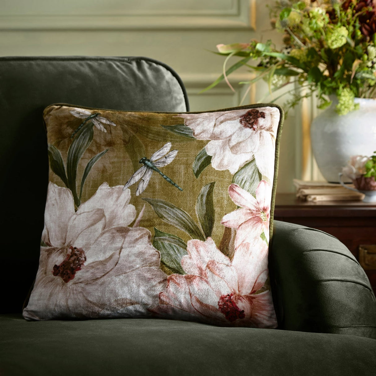Fiorella Floral Velvet Filled Cushion 43cm x 43cm - Olive