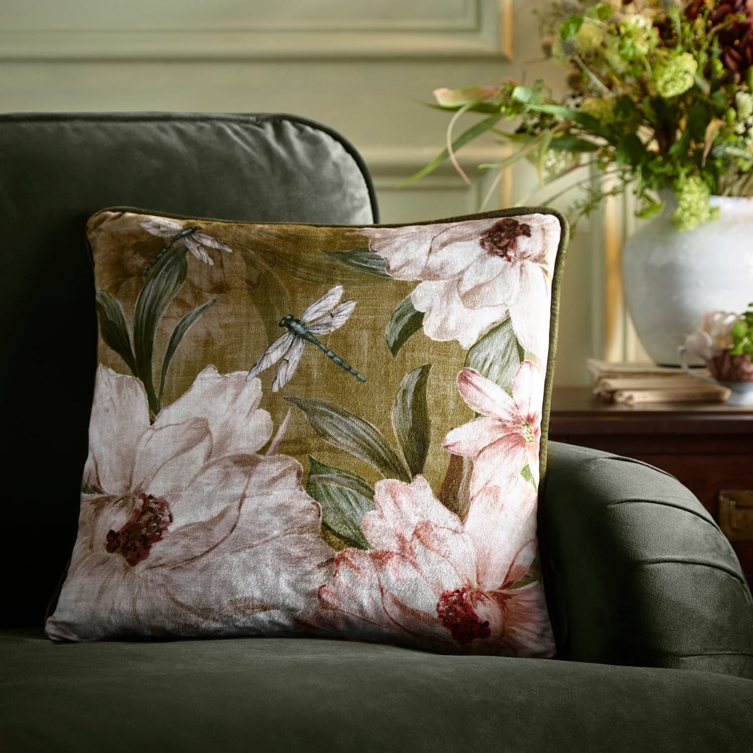Fiorella Floral Velvet Filled Cushion 43cm x 43cm - Olive