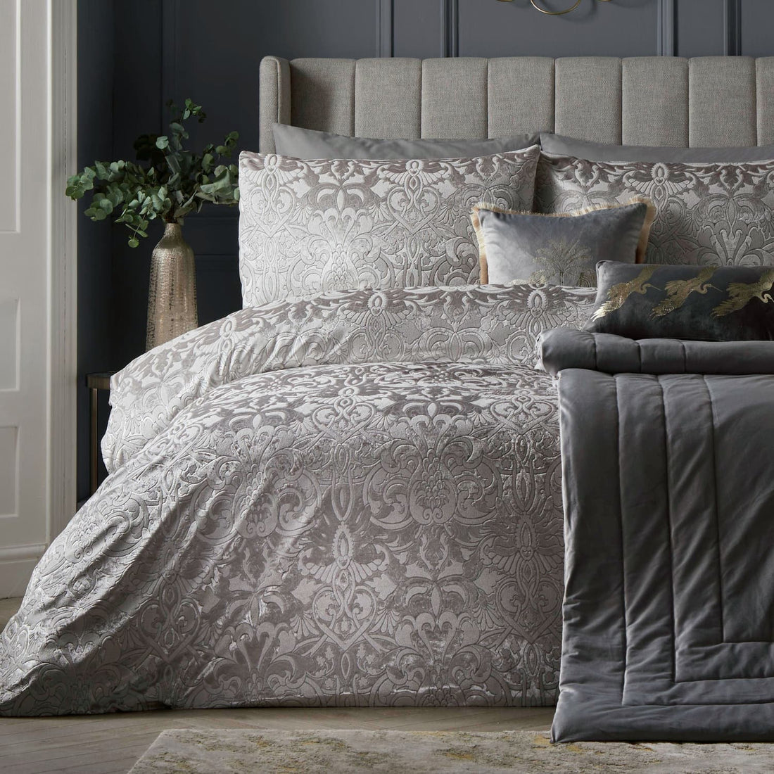 Laurence Llewelyn-Bowen Firenza Silver Velvet Duvet Cover Bedding Set
