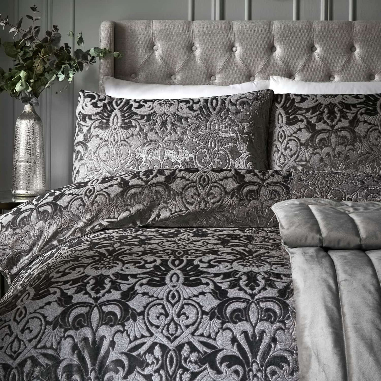 Laurence Llewelyn-Bowen Firenza Velvet Duvet Cover Set Grey Bedding - Slate - Firenza Duvet Cover Set In Slate 2