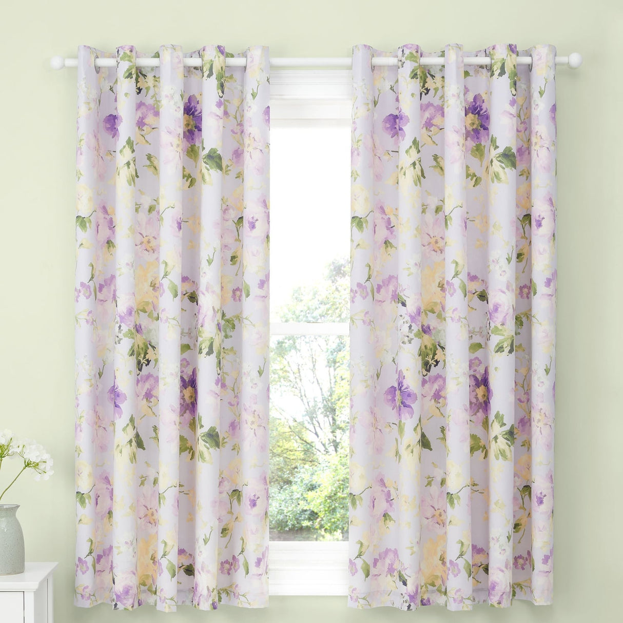 Florette Floral Lined Eyelet Curtains - Lilac Light Filtering Polycotton
