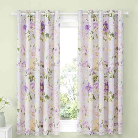 Florette Floral Lined Eyelet Curtains - Lilac Light Filtering Polycotton