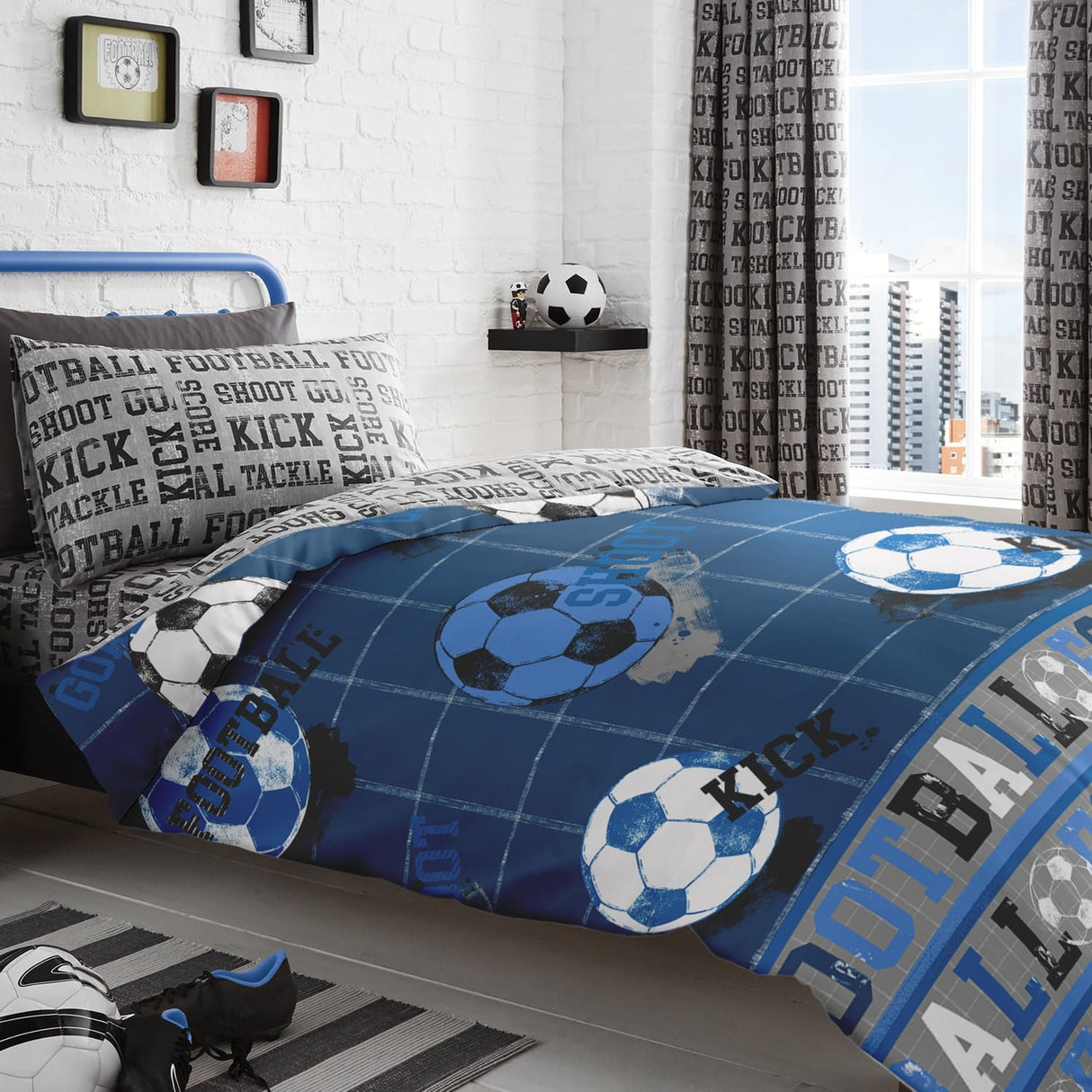 Football Printed Kids Duvet Cover Set Single & Double - Blue