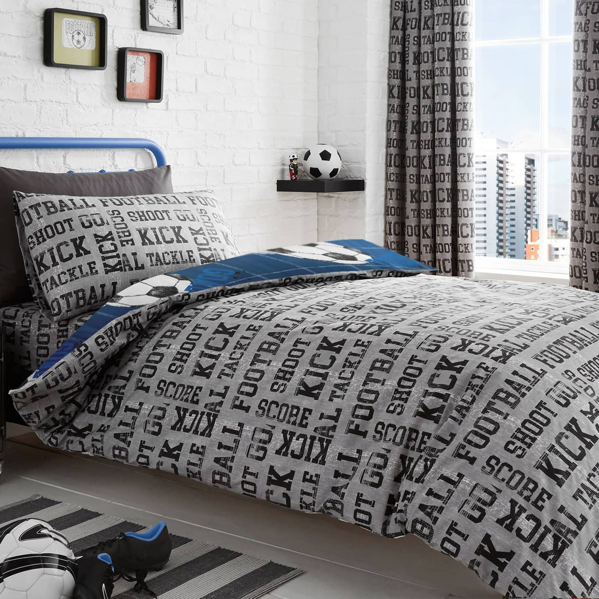 Football Printed Kids Duvet Cover Set Single & Double - Blue - Football Duvet Cover Set In Blue 2