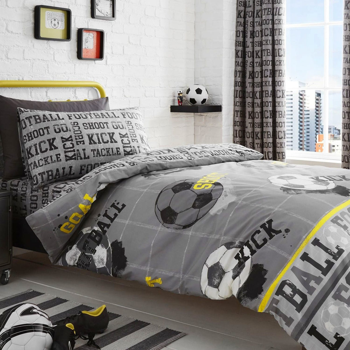 Football Printed Kids Duvet Cover Set Single & Double - Grey