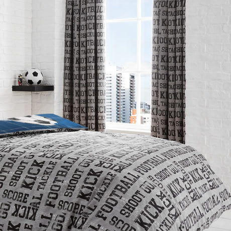 Football Kids Tape Top Curtains Light Filtering Polycotton - Football Pencil Pleat Curtains In Grey 2