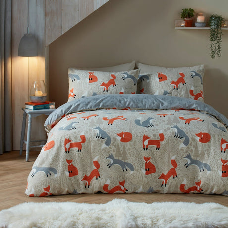 Snug Foraging Fox Cosy Brushed Cotton Duvet Cover Set - Foraging Fox Duvet Cover Set In Natural 1