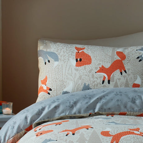 Snug Foraging Fox Cosy Brushed Cotton Duvet Cover Set - Foraging Fox Duvet Cover Set In Natural 2