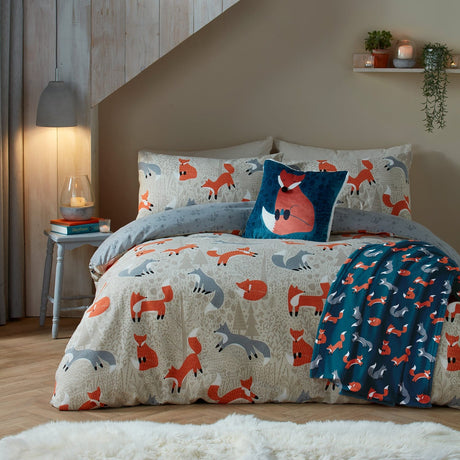Snug Foraging Fox Cosy Brushed Cotton Duvet Cover Set - Foraging Fox Duvet Cover Set In Natural 4