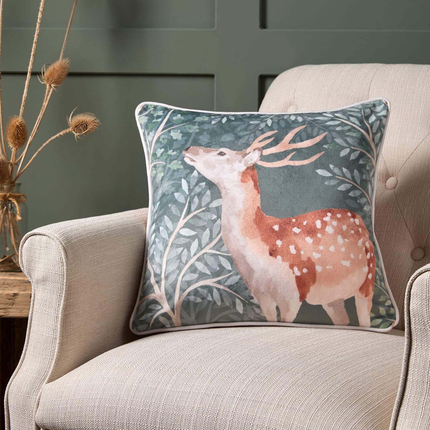 Forest Animals Green Floral Cushion Cover 43cm x 43cm - Green