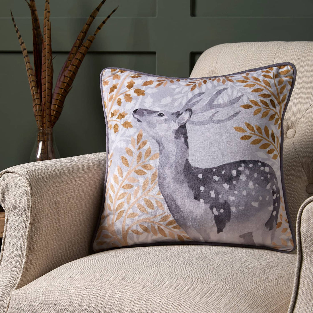 Forest Animals Green Floral Velvet Grey Cushion Cover 43cm x 43cm