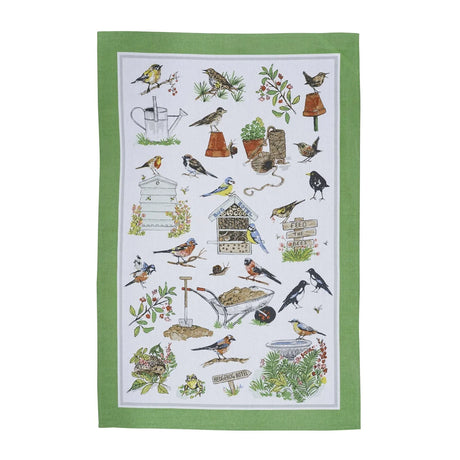 Garden Birds Cotton Tea Towel in Green
